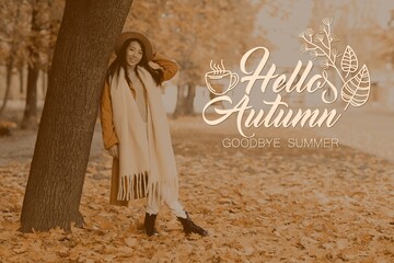 Happy Asian woman near tree in park. Hello Autumn