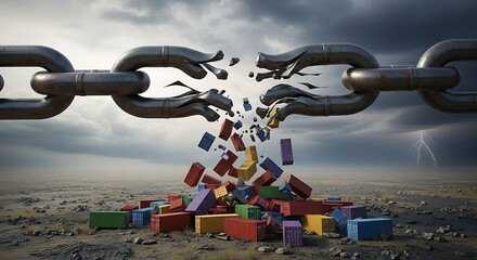 Naklejka premium A shattered chain with colorful falling blocks against a stormy sky, symbolizing breaking free and overcoming obstacles.