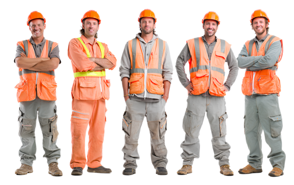  Five male construction workers, standing in different poses and dressed in orange safety and grey pants, against a transparent background 