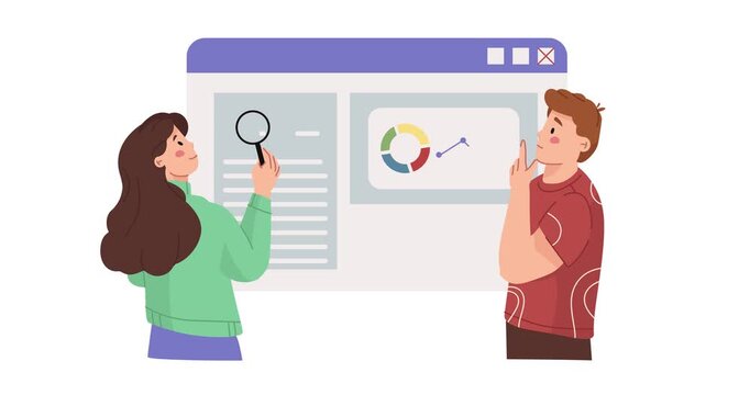 SEO specialist. Moving banner with male and female programmers analyzing search algorithms and optimizing website search engines. Modern digital technologies. Flat graphic animated cartoon