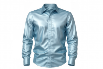 Light blue satin shirt hanging against transparent background, ideal for design professionals creating clothing mockup imagery
