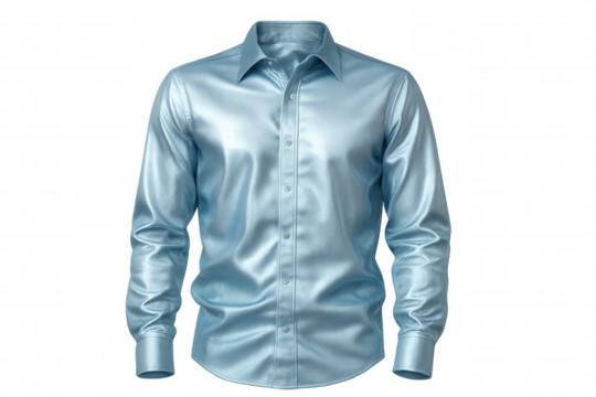 Light blue satin shirt hanging against transparent background, ideal for design professionals creating clothing mockup imagery