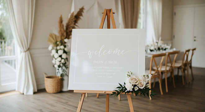 Elegant Welcome Sign at Event Entrance with Floral Decor