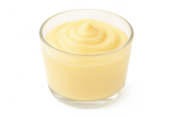 Creamy vanilla pudding swirling in glass cup on transparent background