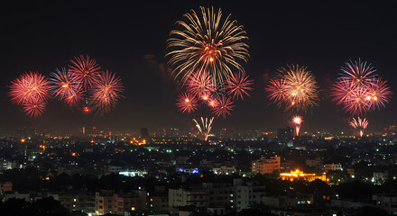 Fototapeta premium Fireworks Display over Night City Skyline