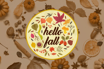 Candles in shape of pumpkin, autumn leaves and berries on beige background