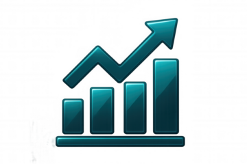 Shiny, metallic bar graph showing positive growth with upward arrow, isolated on transparent background