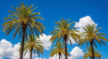 Palm trees against a bright blue sky with white clouds. Tropical vacation scene for travel background and summer holiday advertising.