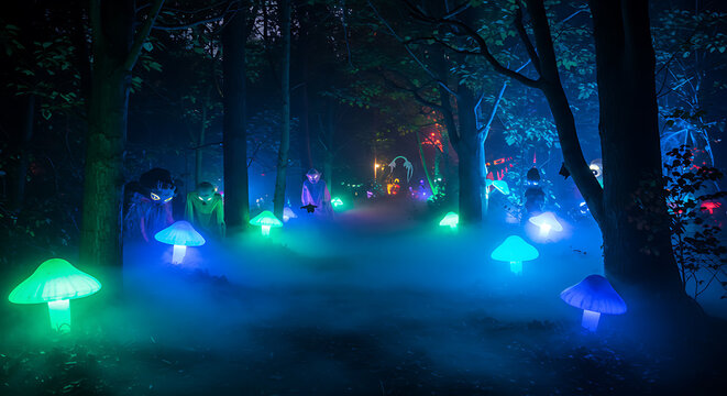 Glowing Mushrooms and Eerie Figures in a Foggy Mystical Night Forest