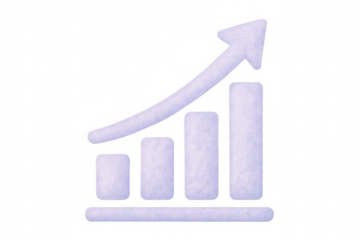 Purple bar graph rising with positive growth arrow, symbolizing financial advancement against transparent backdrop