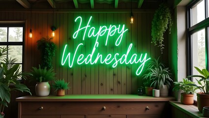 Happy Wednesday neon sign in green, kitchen, fresh interior