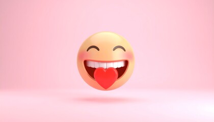 Happy emoticon holding a heart against a pink background