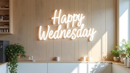 Happy Wednesday neon sign in white, modern, bright interior