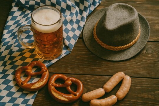 Oktoberfest spread featuring beer, pretzels, bratwurst nestled on rustic wooden surface, complemented by traditional bavarian cap and red white checkered linen