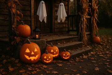 Obraz premium Glowing jack o' lanterns flanking wooden home's entrance, surrounded by spectral decorations and corn stalks, radiating eerie halloween ambiance