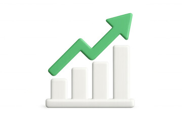 Green upward arrow rising alongside growing 3d bar graph, representing financial growth on transparent backdrop