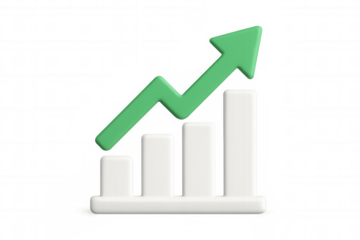 Green upward arrow rising alongside growing 3d bar graph, representing financial growth on transparent backdrop
