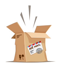 Opened carton box. Air mail delivery. Cardboard packaging. Simple cartoon clipart isolated on white background. Vector illustration.