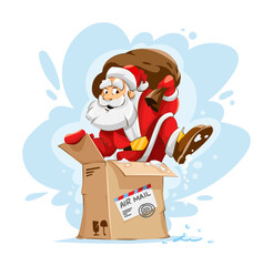Santa Claus is getting out from the cardboard air mail box. Christmas holiday fast delivery. Vector illustration.