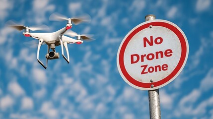 Realistic "No Drone Zone" warning sign with bold red circle and crossed-out drone icon, mounted on metal pole, blue sky background