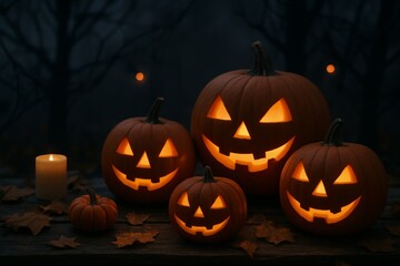 Four carved halloween pumpkins glowing eerily in the dark, illuminated by candles, surrounded by autumn leaves on a wooden surface in a mysterious forest at night