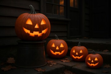 Obraz premium Glowing jack o' lanterns with intricate carvings illuminating wooden porch, creating haunting halloween atmosphere during crisp autumn evening