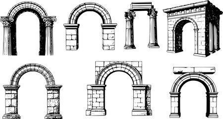 Set of sketched silhouettes of antique arches. Basic elements of Greek architecture.