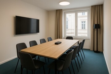Modern meeting room featuring a large screen for presentations, a wooden table, several chairs, and a window with curtains, creating a professional workspace