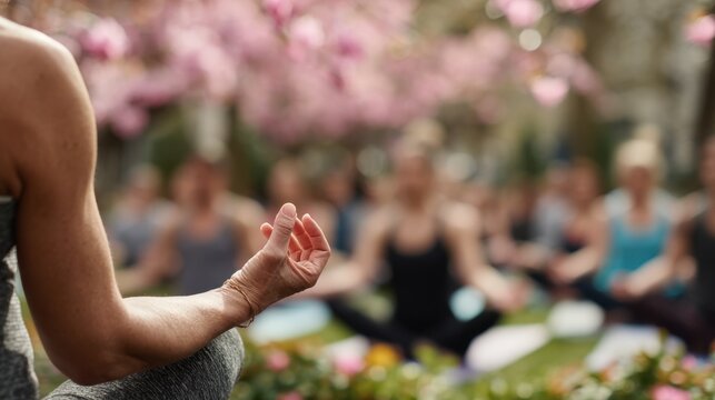 Focused medium shot of a yoga teacher guiding a class outdoors her hands in a mudra gesture with blurred students and blooming flowers in background.