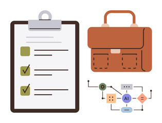 Clipboard with checklist, brown briefcase, and AI-based workflow diagram. Ideal for productivity, business planning, organization, technology, automation workflow design artificial intelligence. A