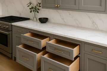 Fototapeta premium Gray kitchen cabinets opening to reveal warm oak interiors, complemented by sleek marble countertops and gleaming brass hardware in minimalist design