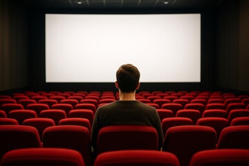 Fototapeta premium Solitary viewer waiting in sparse cinema auditorium, blank white screen ahead, representing isolation and contemplative movie moment
