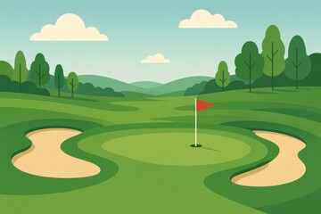 Obraz premium Green golf course fairway with sand bunkers, fluttering red flag, cloudy background highlighting serene landscape and sport's peaceful atmosphere