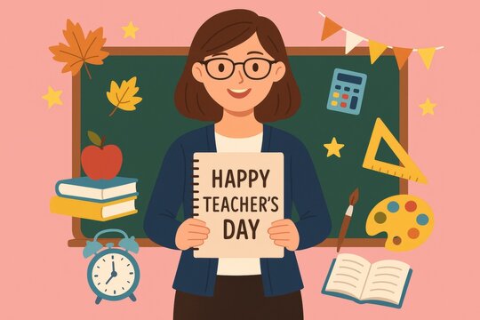 Joyful educator commemorating teacher's day, embracing greeting notebook amid school related items, colorful classroom themed pink setting