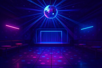 Neon lit nightclub interior glowing with vibrant colors, reflective disco ball spinning above packed dance floor, radiating electrifying nightlife energy