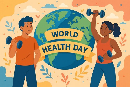 Muscular athletes weightlifting near planet earth silhouette, representing global fitness awareness and wellness during world health day celebration - Powered by Adobe
