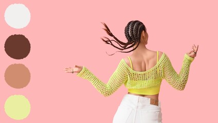 Young woman with African braids on pink background, back view. Different color patterns