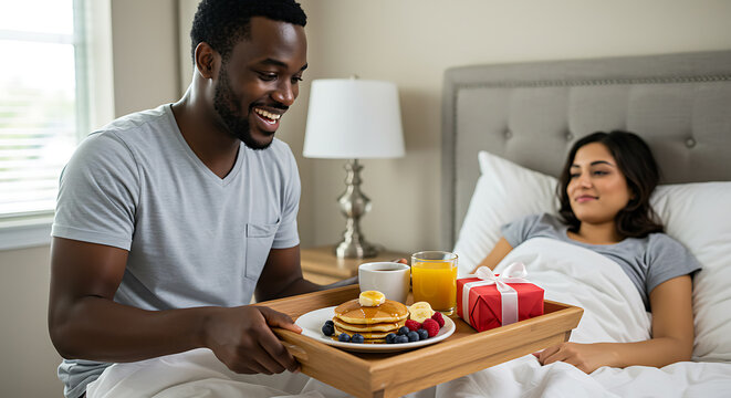 Man Brings Breakfast in Bed to Woman with Gift on Wooden Tray