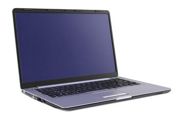 Laptop computer, open, light gray/silver chassis, dark gray keyboard,  dark purplish-blue screen