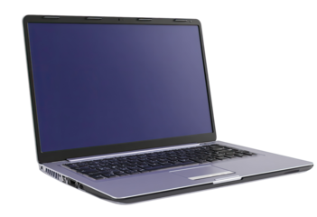 Laptop computer, open, light gray/silver chassis, dark gray keyboard,  dark purplish-blue screen
