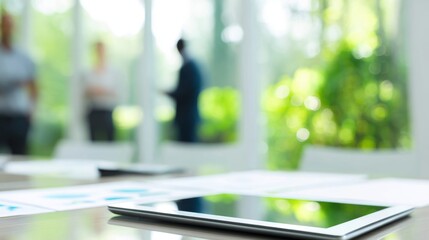 Digital tablet resting on sleek office desk, professionals conversing nearby, highlighting collaborative technology driven workplace setting