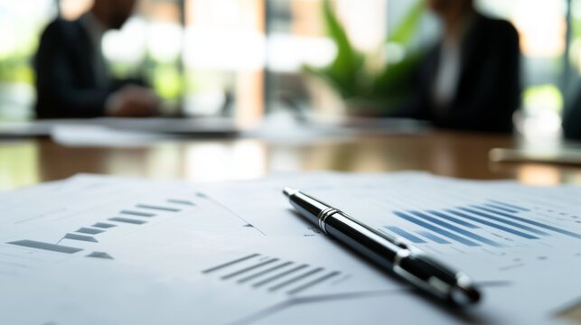 Professional team analyzing financial charts, pen resting on document, representing strategic corporate planning and collaborative decision making process