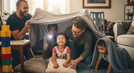 Happy family building a blanket fort together in a cozy living room
