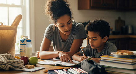 Mother and son doing homework together at a kitchen table in warm sunlight