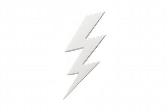 Minimalist white lightning bolt silhouette symbolizing electrical power, energy concept against transparent backdrop