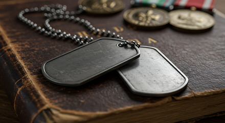 Military Dog Tags Medals and Old Book Still Life