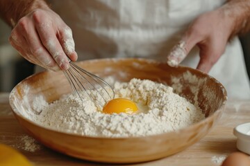 Fototapeta premium Baker whisking egg yolk into flour in wooden bowl