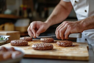 Chef preparing hamburgers in a professional kitchen