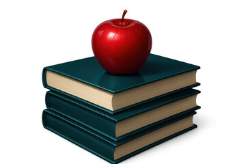 Glossy red apple resting on teal textbooks, representing academic learning and educational journey against clean white backdrop