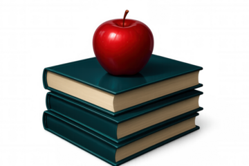 Glossy red apple resting on teal textbooks, representing academic learning and educational journey against clean white backdrop